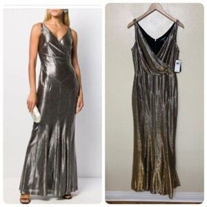 Lauren Ralph Lauren Aletheo Metallic Faux Wrap Evening Dress Size 6 Black Gold
